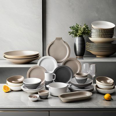 Servidores de mesa de cerâmica nórdica Conjunto com desenho de relevo esmaltado mate Copas Pratos Placas de tigelas