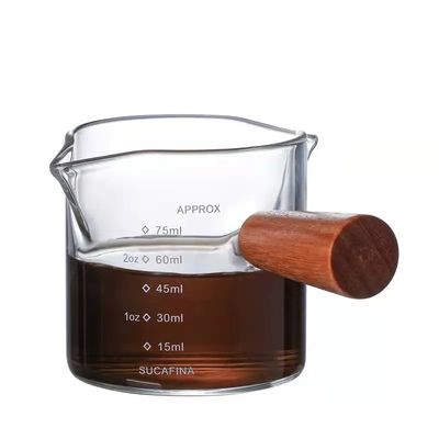 Copo de vidro transparente com alça de madeira de boca dupla Café/Copo de leite 75ml/150ml