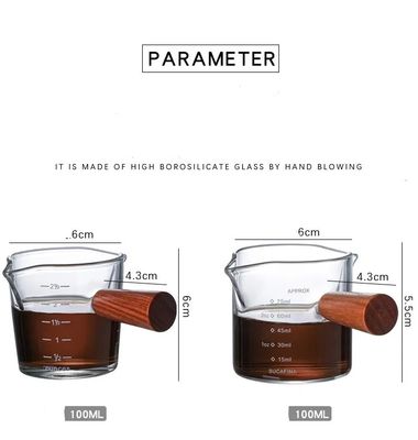 Copo de medida de café de vidro de borosilicato de 100 ml com alça e tampa de madeira de bico duplo