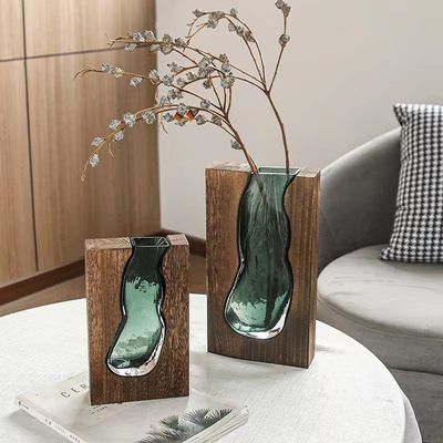 Vaso de vidro verde escuro floral Decoração de mesa para escritório ou quarto chinês moderno
