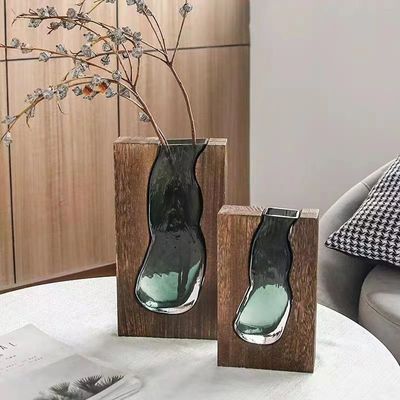 Vaso de vidro verde escuro floral Decoração de mesa para escritório ou quarto chinês moderno
