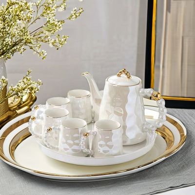 Estilo Rosa Perla Cerâmica Taça de Café Conjunto com Prato e Copo de Chá de Bambú Capacidade 1300ml