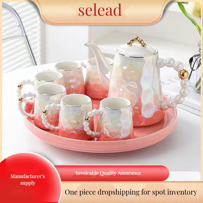 1300ml Volume Pink Pearl Shell Cerâmica Taça de Café e Prato Conjunto com Design Moderno Chic