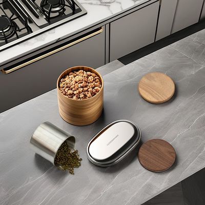 11/12/13/14cm Tamanhos Moderno Design Aço Inoxidável Armazenamento a vácuo Canister Cobertura de madeira para Grãos de Café Cereais de chá