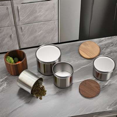 Caixa de café de aço inoxidável de 8*7,5cm esculpida com tampa de madeira moderna e vedação de vácuo