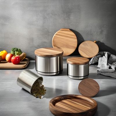 Jar de armazenamento de alimentos secos 11cm de aço inoxidável de vácuo Caixa de café com tampa de madeira para cozinha