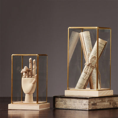 Caixa de display de vidro de base de madeira de borracha para decoração doméstica