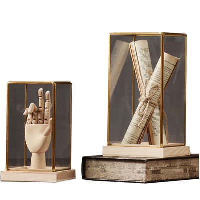 Caixa de display de vidro de base de madeira de borracha para decoração doméstica