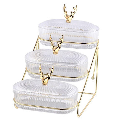 Highly OEM/ODM Cute Deer Set de bandeja de vidro de ouro de três camadas para decorações de festas elegantes