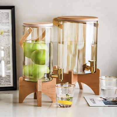 Dispensador de vidro de 2800-7000ml de cor personalizada com torneira e suporte de madeira para uso doméstico