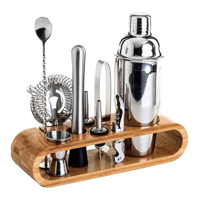 Bar Hotel Home Restaurant Cocktail Shaker de aço inoxidável Jigger Set com suporte de bambu
