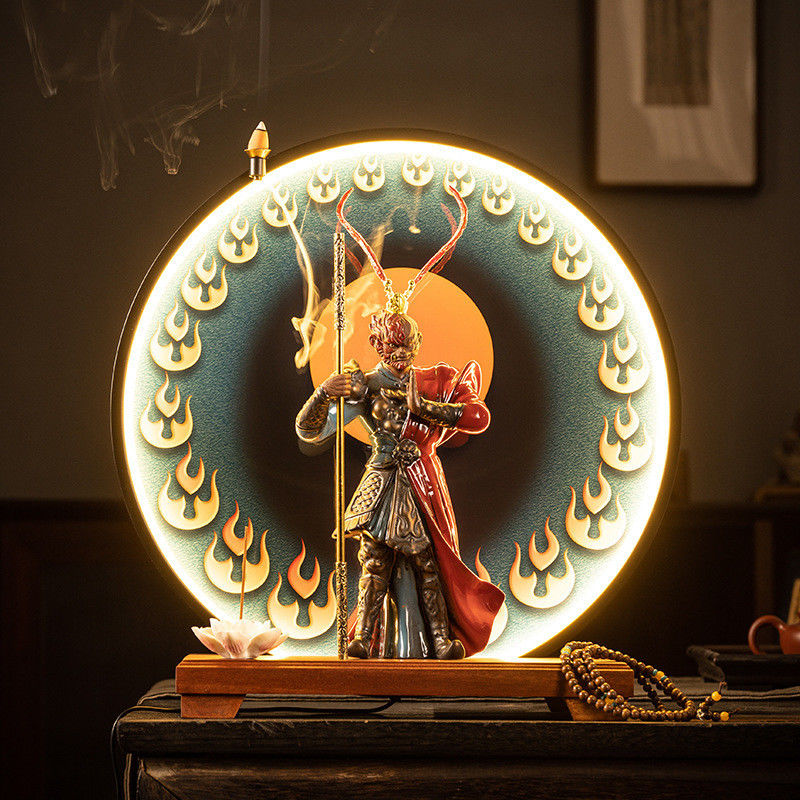 Escultura de decoração de interiores 2024 Proprietário de incenso de cerâmica preta Sun Wukong com luz LED