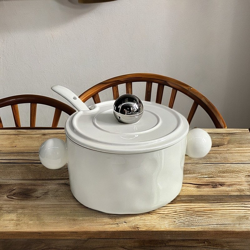 Taça de cerâmica elegante em forma de coração com alças duplas tampa de aço inoxidável microondas