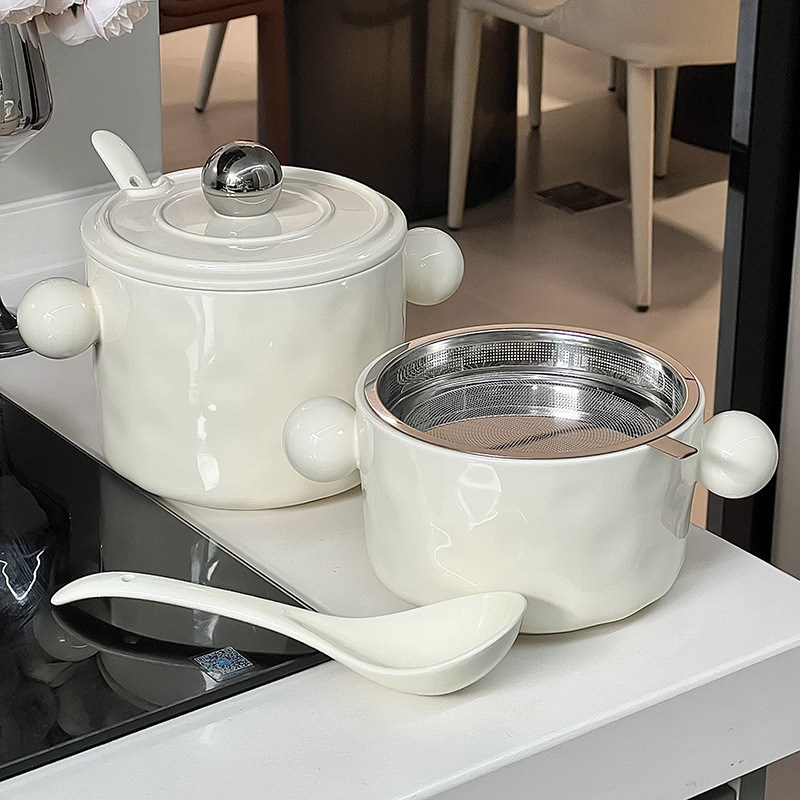 Estilo 1000ml Cerâmica taça de macarrão com alças duplas e tampa de aço inoxidável Ideal