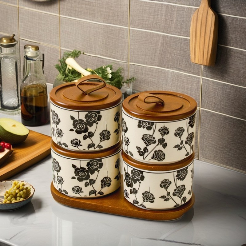 200ml Retro Floral cerâmica Jar de armazenamento para comida Chá selado PC Design Prato e tigela