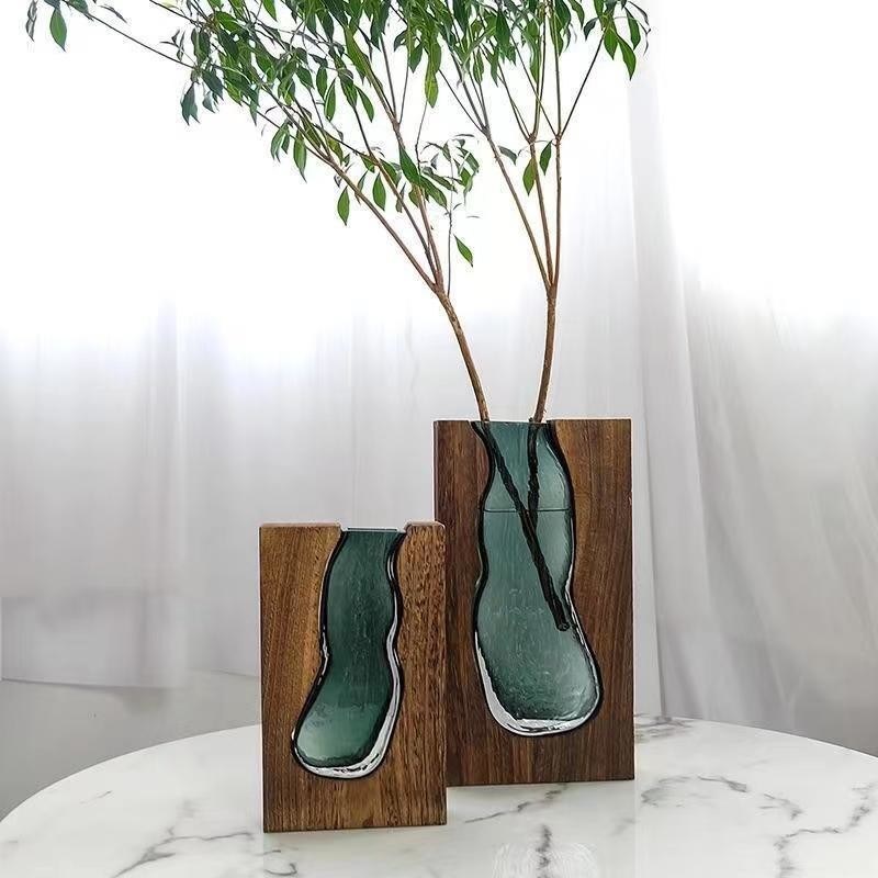 Vaso de vidro verde escuro floral Decoração de mesa para escritório ou quarto chinês moderno