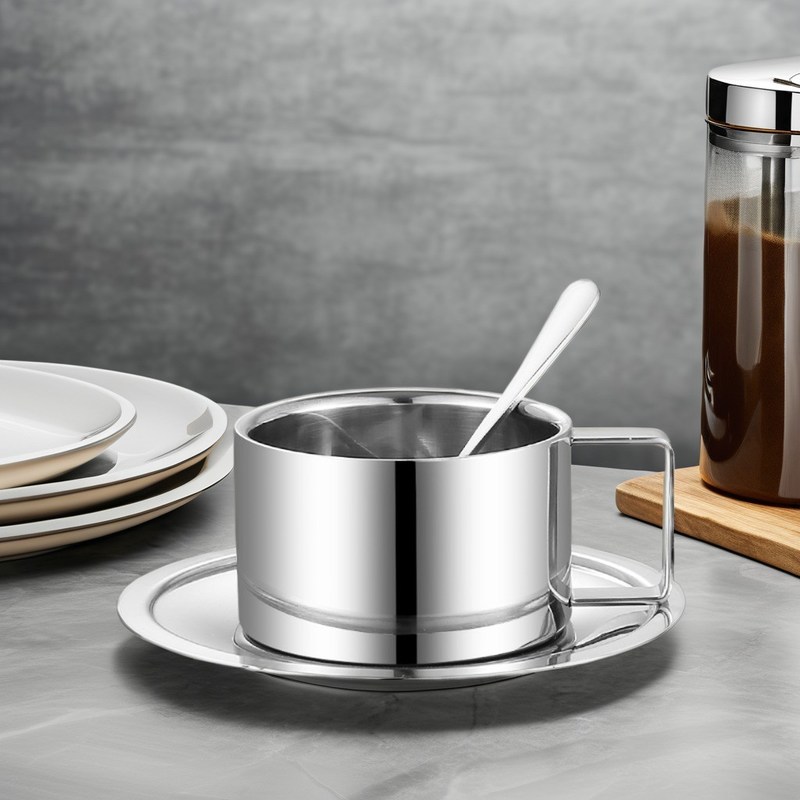 Desfrute do seu café com luxo com este conjunto de copos de cerâmica e bandeja de colher de aço inoxidável