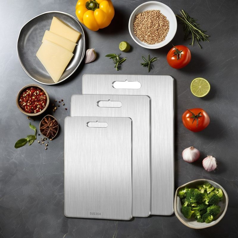Tabela de corte de dois lados de aço inoxidável e bloco de corte de bambu para utensílios de cozinha duráveis