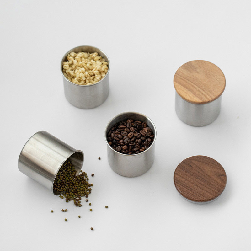 11/12/13/14cm Tamanhos Moderno Design Aço Inoxidável Armazenamento a vácuo Canister Cobertura de madeira para Grãos de Café Cereais de chá