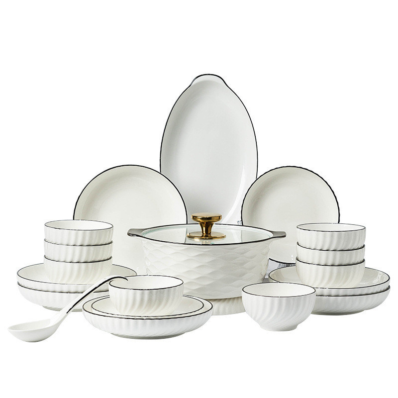 Hotéis Restaurantes Sala de Jantar Servidores de mesa Cerâmica Porcelana Branca Placa de Taça Conjunto com Borda Preta Estilo de Design Contemporâneo