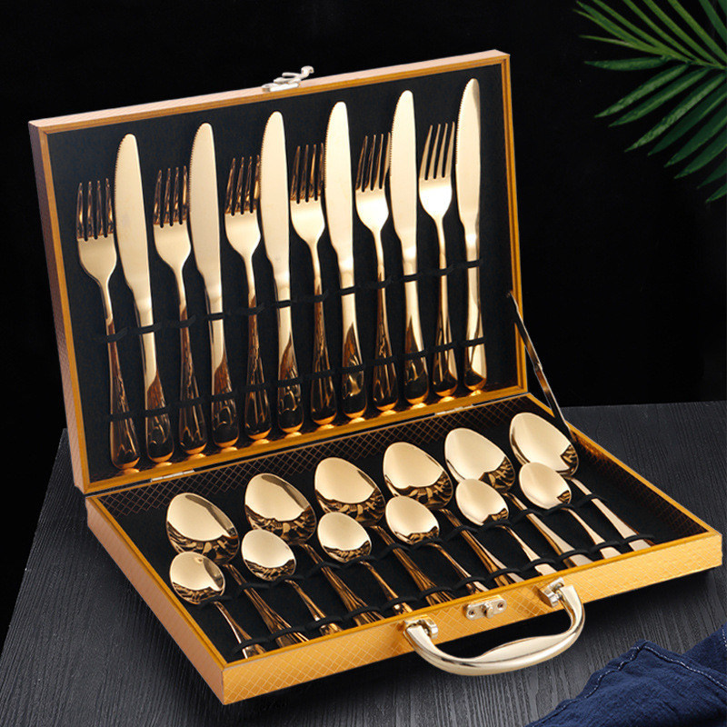 Hotel de aço inoxidável casamento 24pcs Set de talheres colher e garfo prata luxuosa ouro